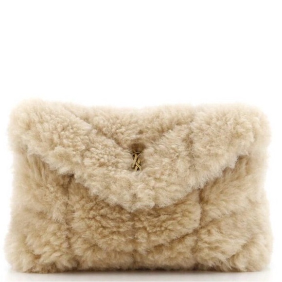 Saint Laurent Handbags - Saint Laurent LouLou Puffer Clutch Matelasse Chevron Shearling Small Neutral